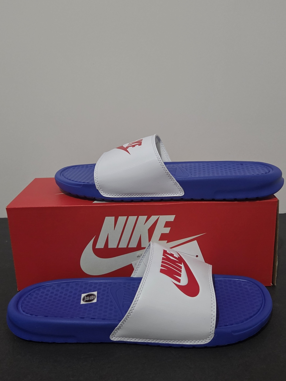 Nike Benassi JDI Just Do It Slides Sandals Slippers Red Blue White 343880-410